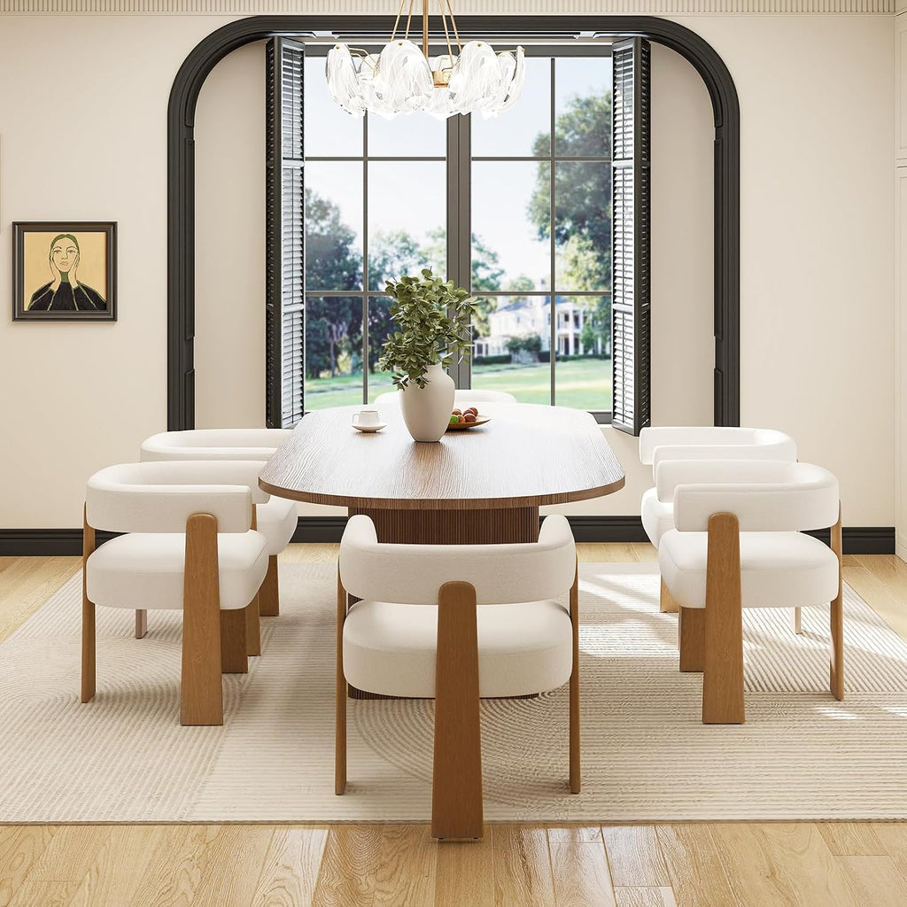 Hyfirm Set of 6 Modern Boho Barrel Dining Chairs with Wood Legs, White Upholstered Accent Armchairs with Thick Padded Cushion for Kitchen, Minimalist Natural Chic Chairs for Living Room