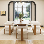 Hyfirm Set of 6 Modern Boho Barrel Dining Chairs with Wood Legs, White Upholstered Accent Armchairs with Thick Padded Cushion for Kitchen, Minimalist Natural Chic Chairs for Living Room