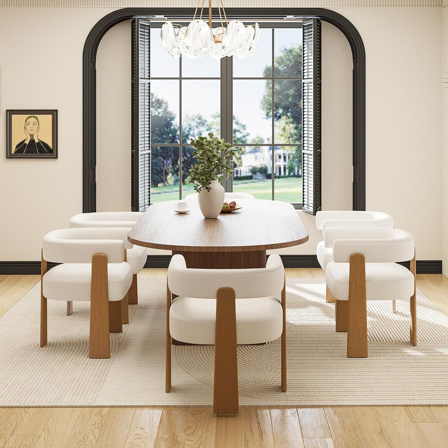 Hyfirm Set of 6 Modern Boho Barrel Dining Chairs with Wood Legs, White Upholstered Accent Armchairs with Thick Padded Cushion for Kitchen, Minimalist Natural Chic Chairs for Living Room