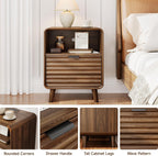 ONBRILL 19.7'' Wide End Table with Charging Station,Fluted Accent Side Table with Drawer & Open Cubby Storage,Mid Century Nightstand for Bedroom,Living Room,Walnut