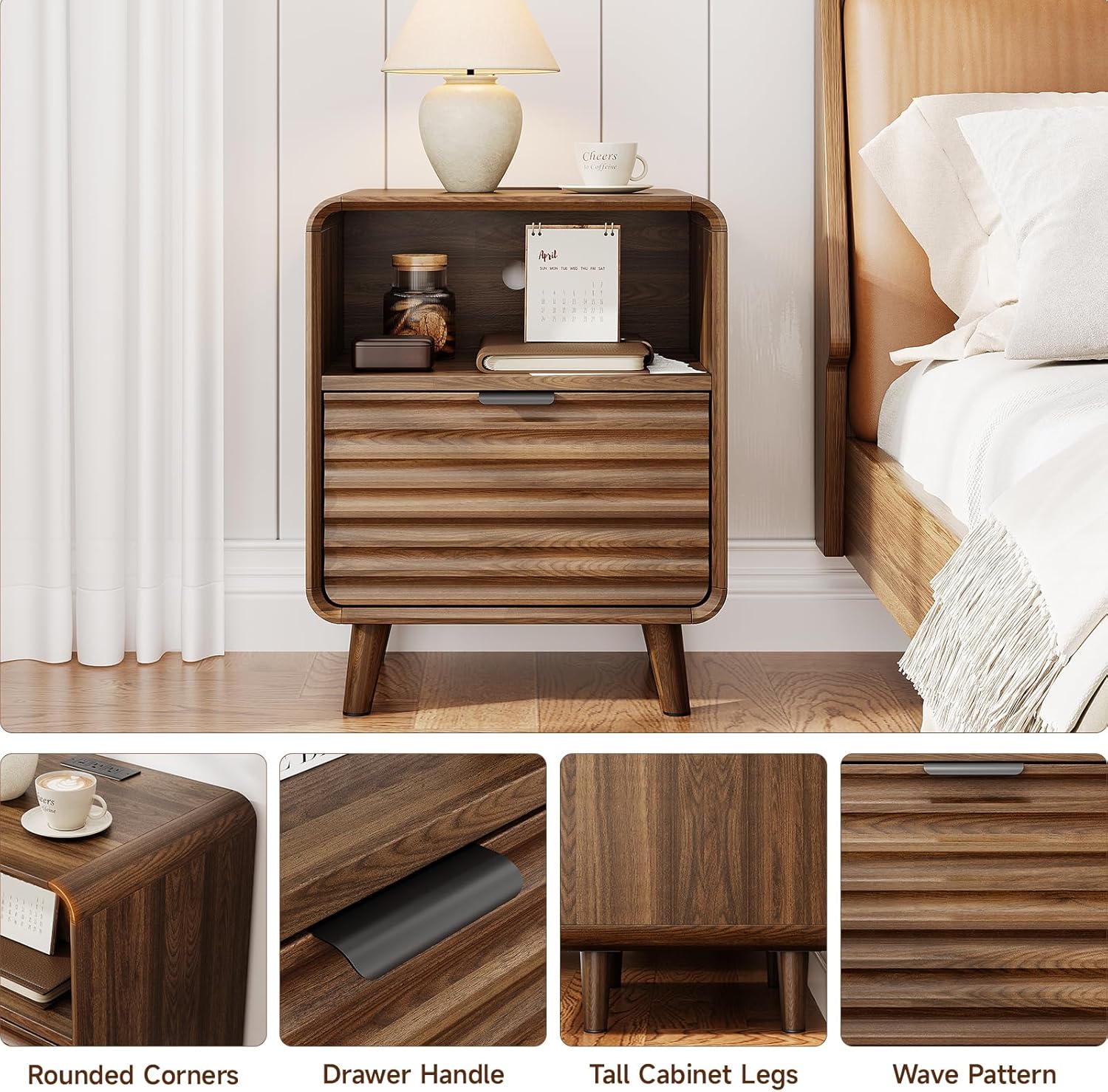 ONBRILL 19.7'' Wide End Table with Charging Station,Fluted Accent Side Table with Drawer & Open Cubby Storage,Mid Century Nightstand for Bedroom,Living Room,Walnut