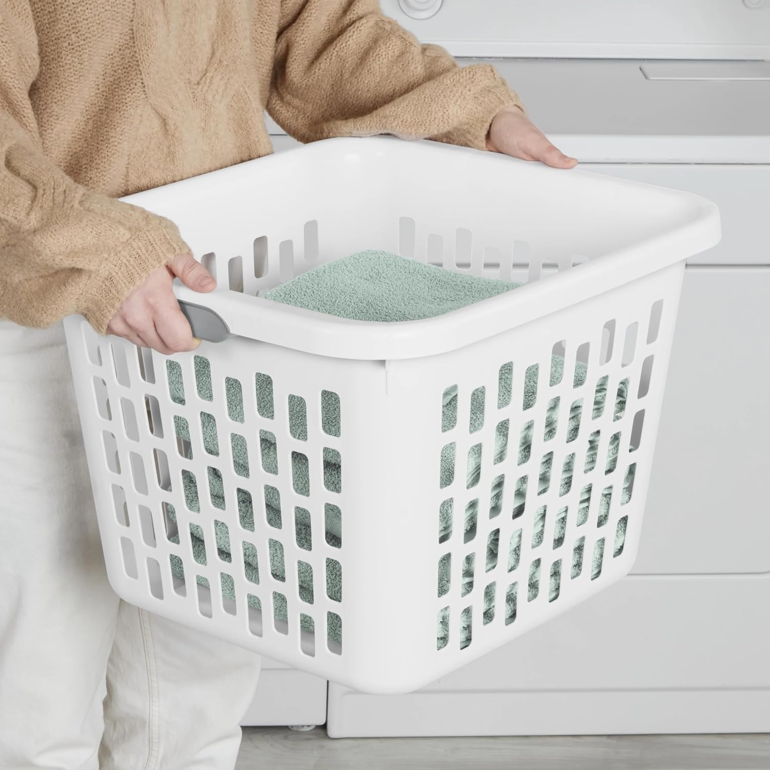 1.5 Bushel Square Plastic Laundry Basket, BPA-Free, White - 2 Comfort Grip Handles, Sturdy & Stackable, for Bedroom, Bathroom & Laundry Room