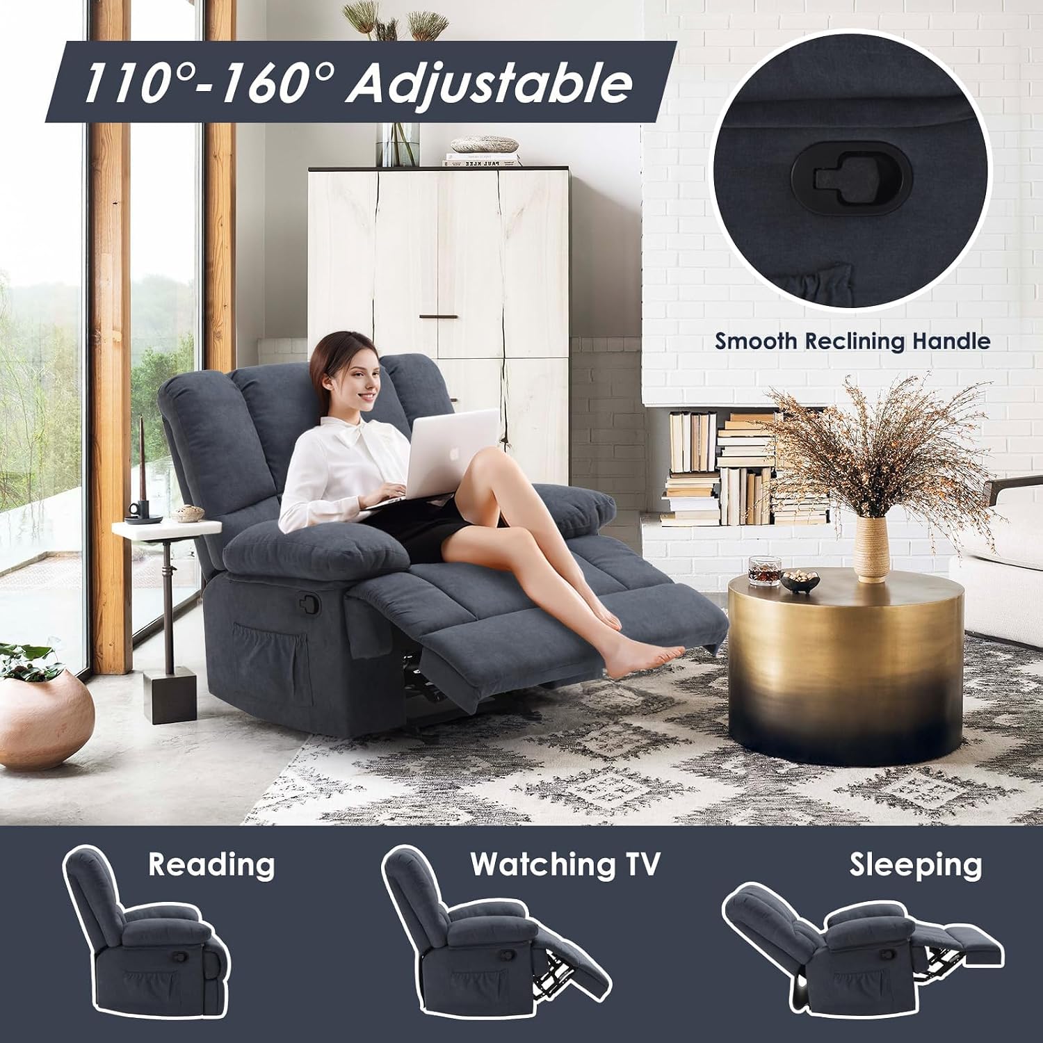 Oversized Rocker Recliner Chair, Wide Rocker Chair with Adjustable Backrest Footrest, Lazy Boy Oversized Recliner for Adults, Reclining Sofa for Living Room, Reading, Bedroom, Blue Black