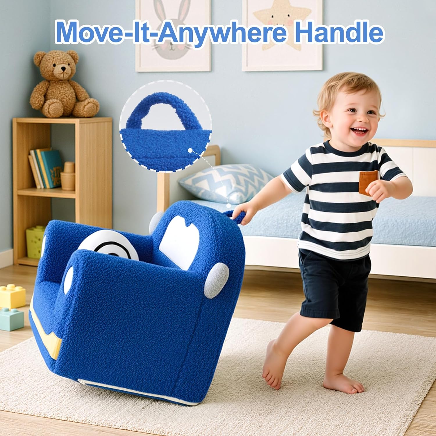 OUOZZZ Kids Chair, Toddler Chairs Comfy 2-6 Years Old Boys | Soft Sherpa Foam, With Cushion, Handle, Book Pocket, Lightweight Playroom Furniture