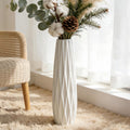 White Tall Ceramic Floor Vase, 17.7 Inch, Ribbed Design, Large Vase | Glossy Glazed Finish, Narrow Corners, Entryway, Bedroom, Compact Spaces