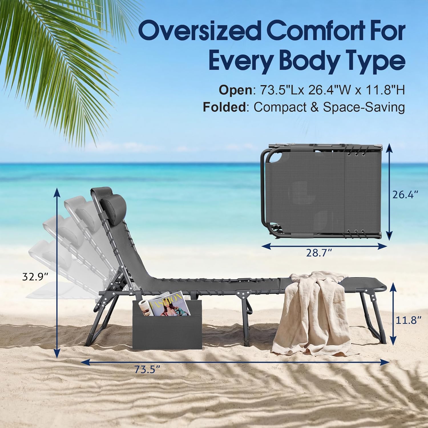 Flamaker Oversize Face Down Chaise Lounge Chair | 27 Inch Wide Foldable Outdoor Patio Chair, 5-Position Adjustable Tanning Chair with Face& Arm Holes (Grey, 1 Pcs)