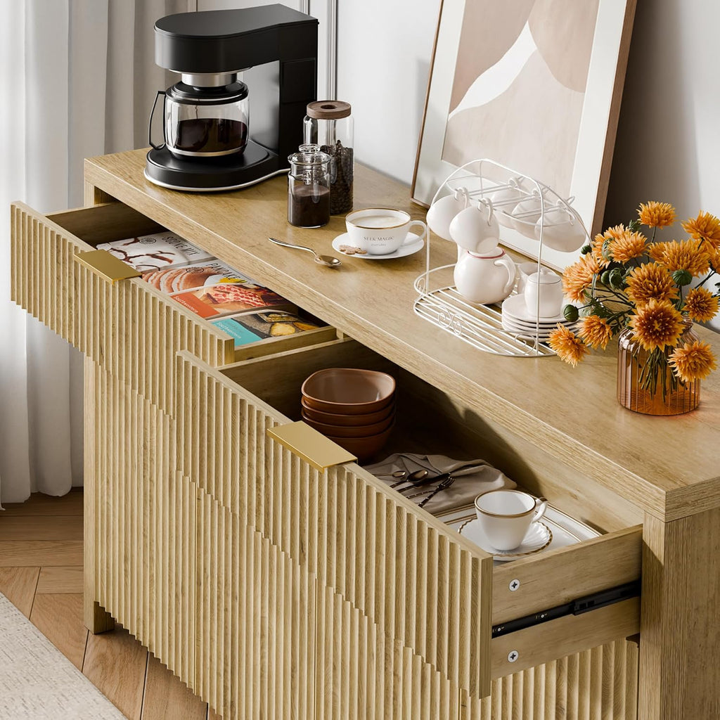 Lulive Fluted Buffet Cabinet with Storage 55 inch Wood Large Sideboard with Adjustable Shelves for Entryway Kitchen Living Room, Natural