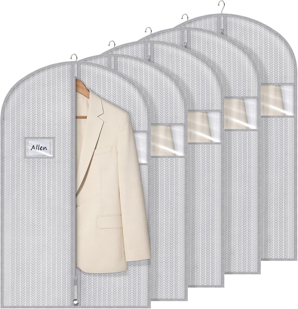 Syeeiex 40" Suit Bag, Set of 5 Garment Bags for Hanging Clothes, Suit Bags for Closet Storage, Garment Bags for Storage Suits,T-shirts, Jackets and Coats(Grey Arrow)