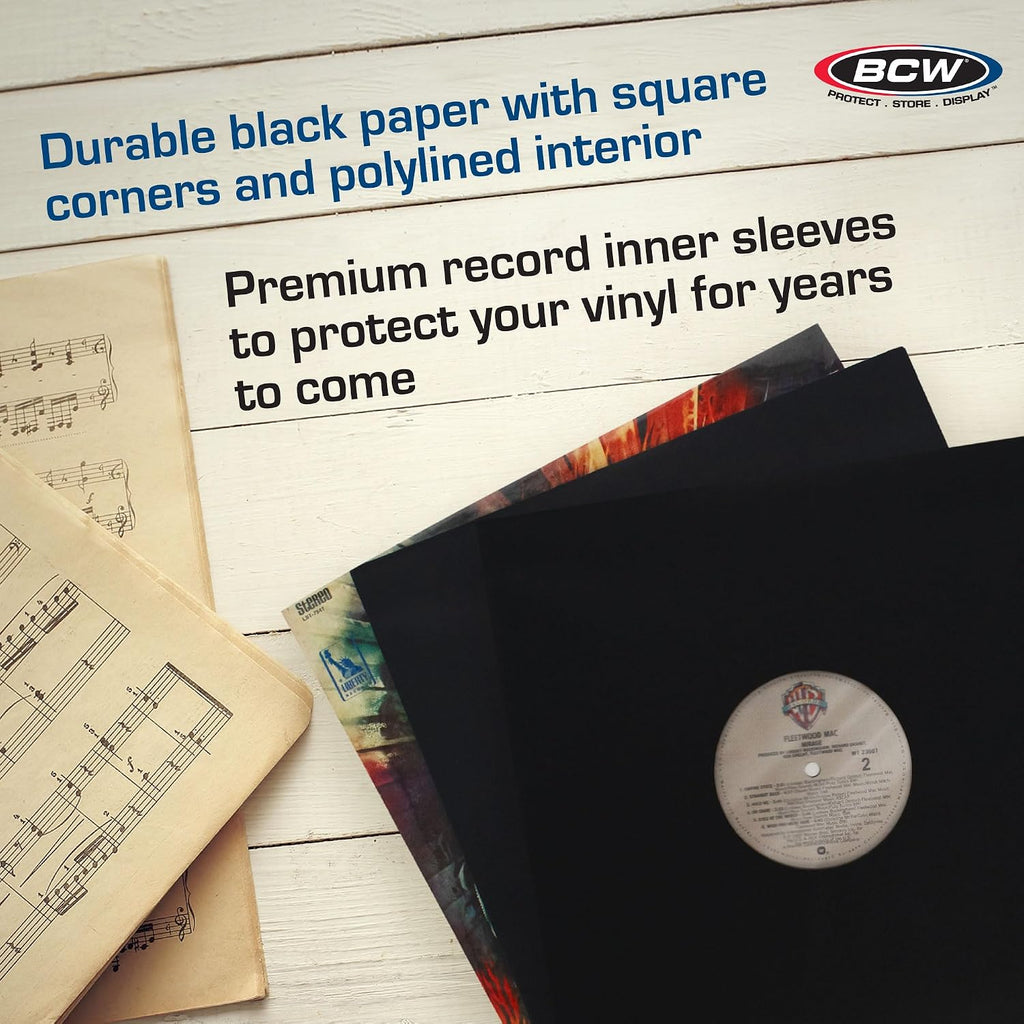 BCW 12-Inch Vinyl LP Record Sleeves - 50 Pack | Black Polylined Inner Protective Sleeves with Center Hole for Vinyl Records | Acid-Free, Scratch Resistant | Ideal for DJs and Collectors