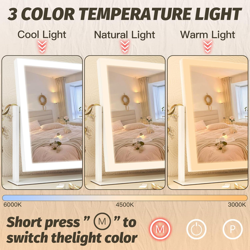FENNIO Vanity Mirror with Lights 13'' x 17'' Makeup Mirror with Lights,Vanity Mirror Touch Screen with 3-Color Lighting,Dimmable,for Vanity Desk Bedroom White