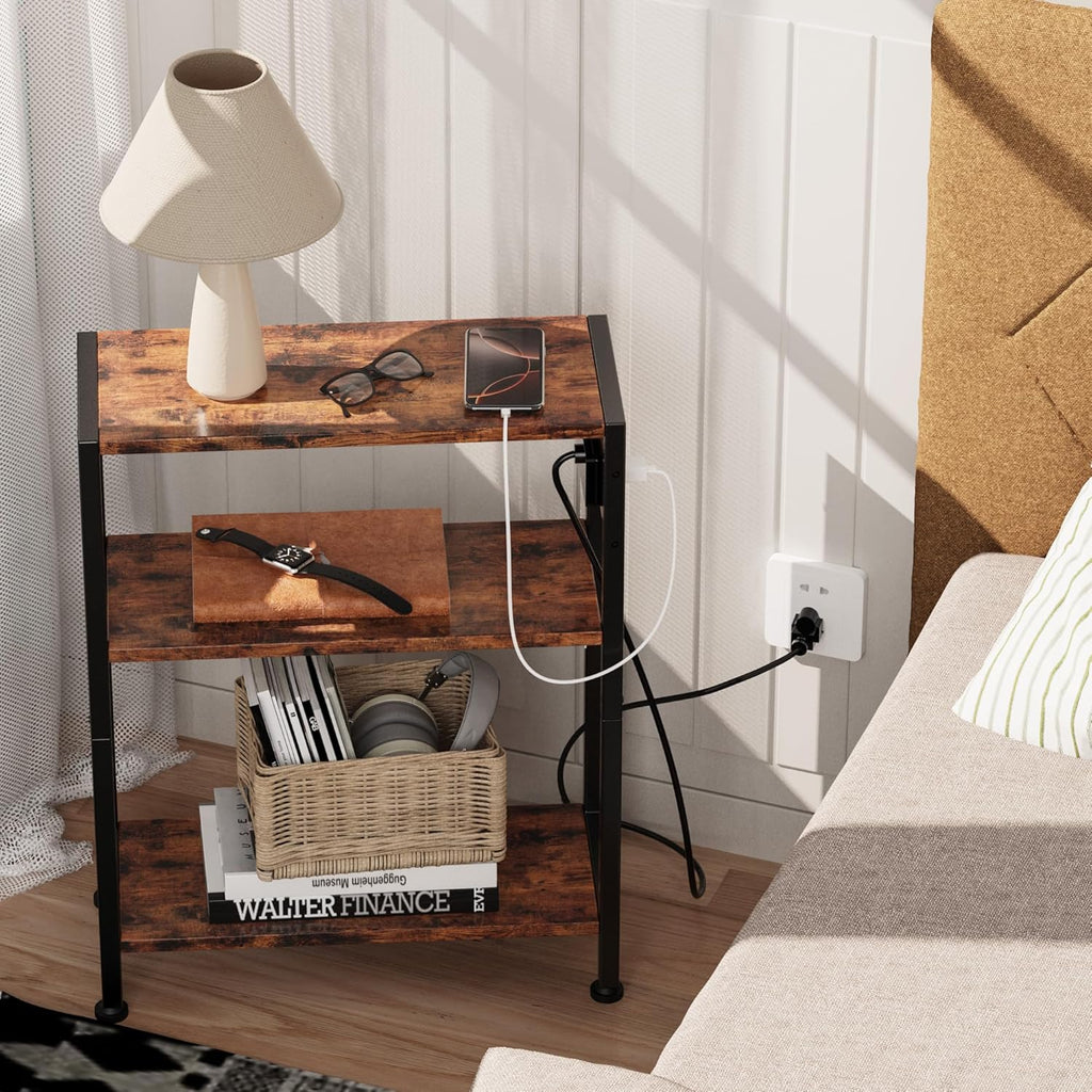 End Table with Charging Station, 3-Tier Side Table for Small Space, Skinny Nightstand with USB/Type C Port and 2 Outlets, Slim Beside Table for Living Room, Bedroom, Balcony, Rustic Brown