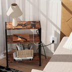 End Table with Charging Station, 3-Tier Side Table for Small Space, Skinny Nightstand with USB/Type C Port and 2 Outlets, Slim Beside Table for Living Room, Bedroom, Balcony, Rustic Brown