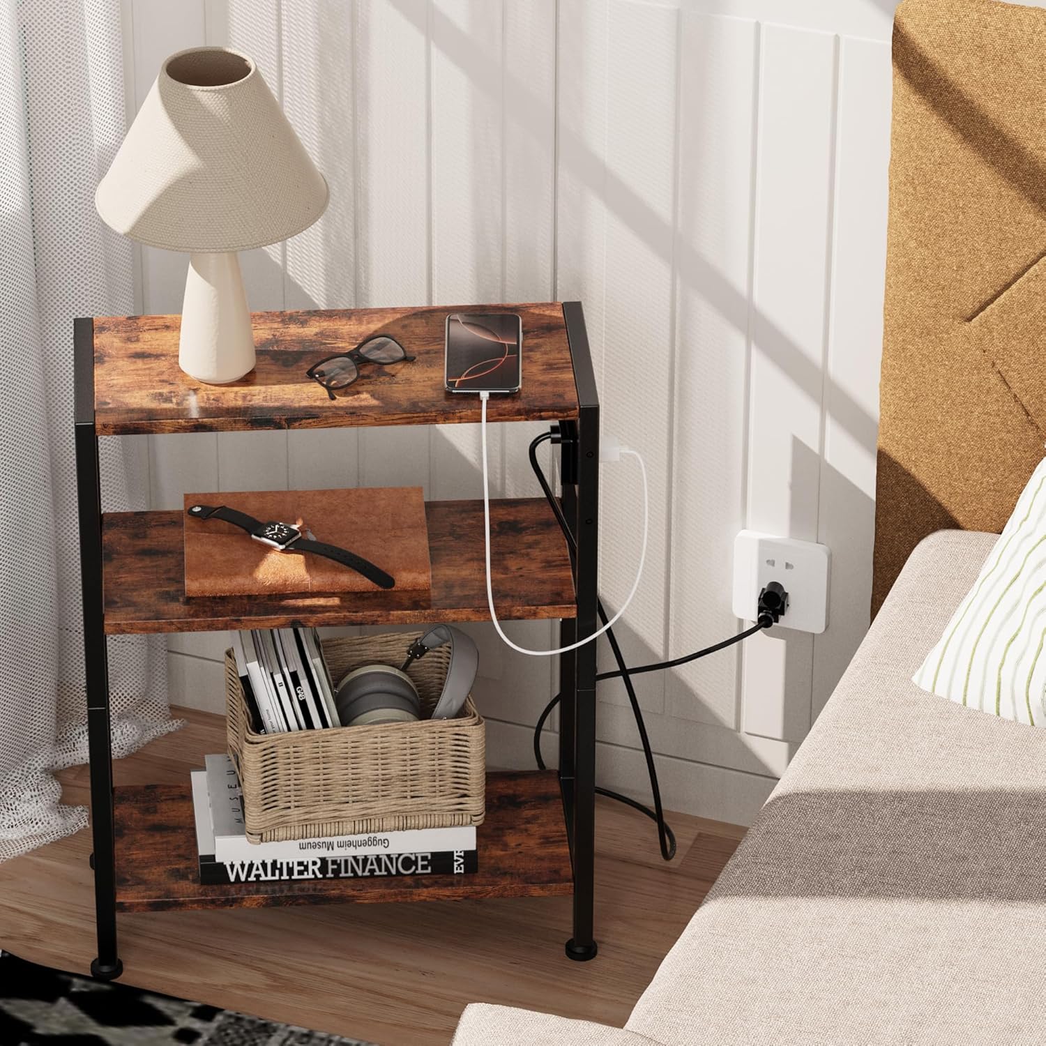 End Table with Charging Station, 3-Tier Side Table for Small Space, Skinny Nightstand with USB/Type C Port and 2 Outlets, Slim Beside Table for Living Room, Bedroom, Balcony, Rustic Brown