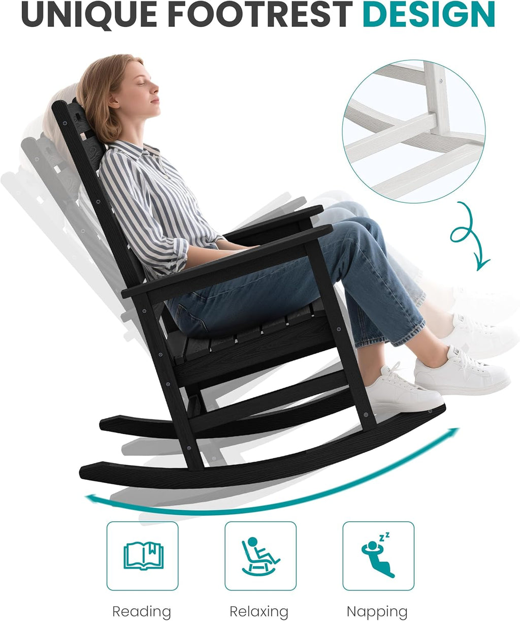 SERWALL Outdoor Rocking Chair Set of 2, Oversized Rocking Chair with Footboard for Adults, HDPE All Weather Resistant Rocking Chairs for Patio, 350lbs Weight Capacity, Black