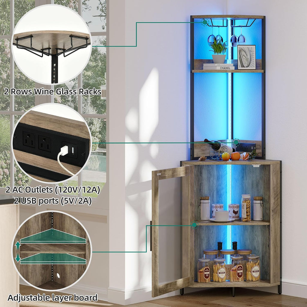 YITAHOME Corner Wine Cabinet with Power Outlets & LED Lights, Corner Bar Cabinet with Glass Holder, Liquor Bar Rack Cabinet for Living Room, Dining Room, Kitchen, Gray Oak