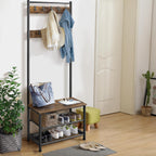 Yaheetech Metal Hall Tree with Shoe Storage Bench Entryway Coat Rack with 2 Shoe Shelves & 9 Movable Hooks, Rustic Brown