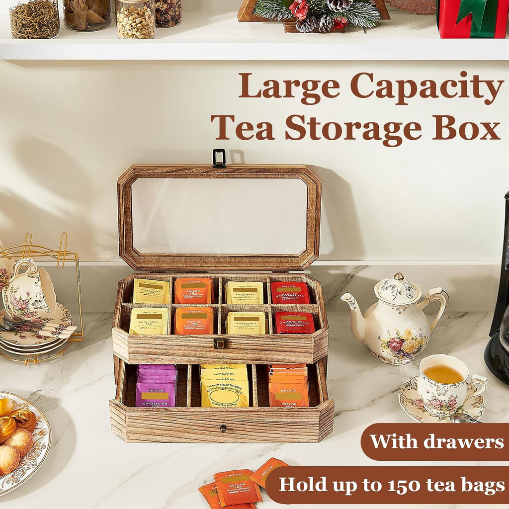 Tea Bag Organizer, Solid Wood 2 Layer Tea Box Organizer Storage, Christmas Gift Tea Bag Holder with Drawer Acrylic Window, Tea Organizer Caddy