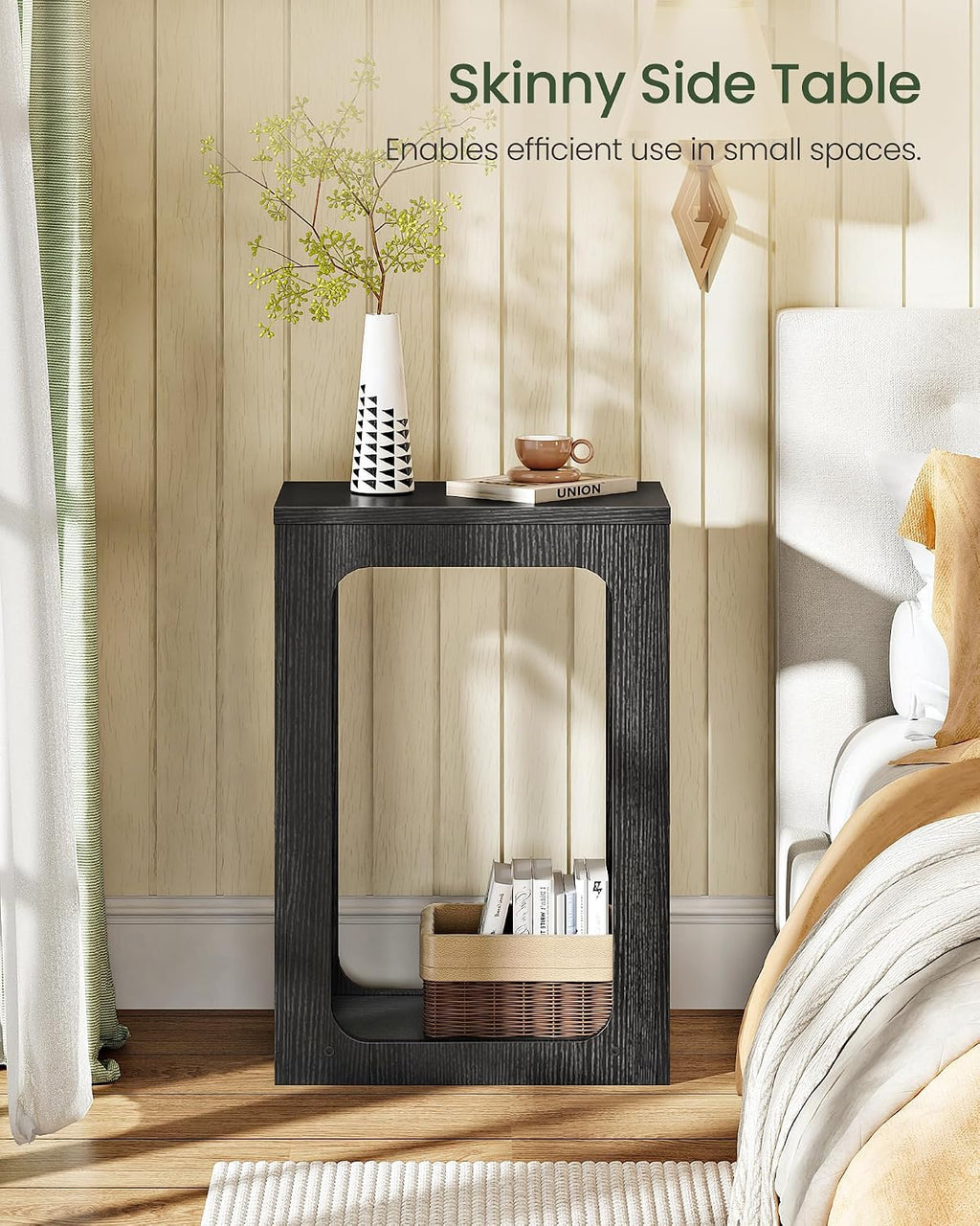 CHOEZON Narrow Side Table, Skinny End Table, Small Nightstand, Modern Geometric Structure, 2-Tier Sofa Bedside Partner, for Small Spaces, Living Room, Bedroom, Black MBZ10BB