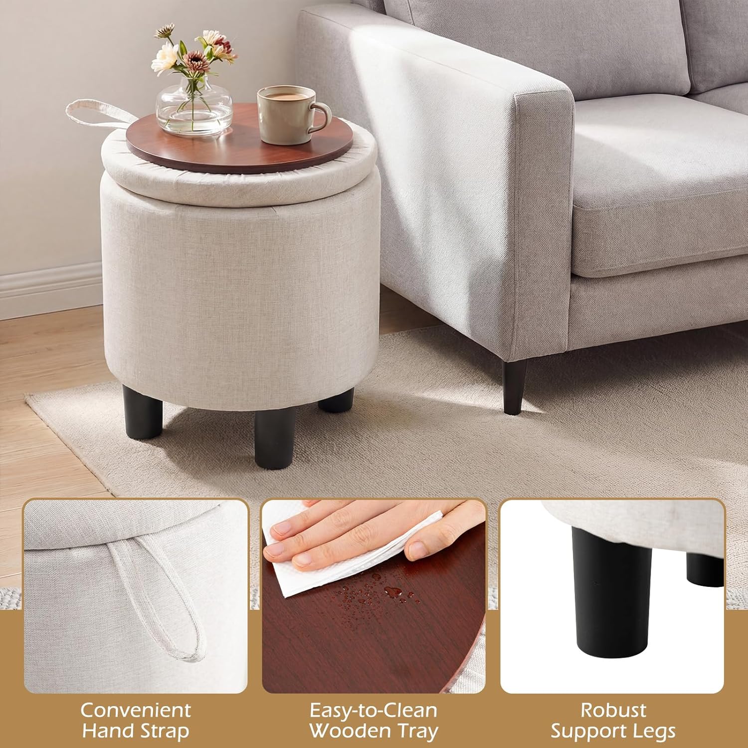 Giantex Round Storage Ottoman, Linen Fabric Upholstered Ottoman Foot Rest with Removable Lid, Small Ottoman Foot Stool for Bedroom Living Room (Beige)