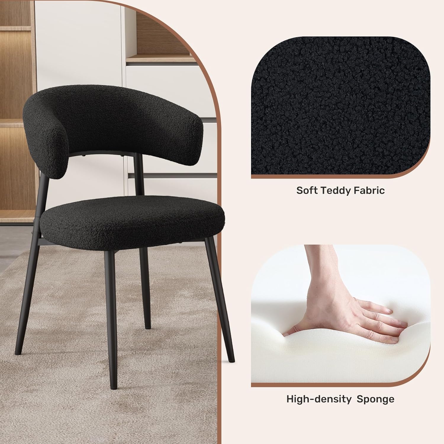 Dining Chairs Set of 4, Mid Century Modern Kitchen Chairs, Boucle Upholstered Dining Chair with Curved Backrest & Metal Legs for Kitchen Dining Room, Black