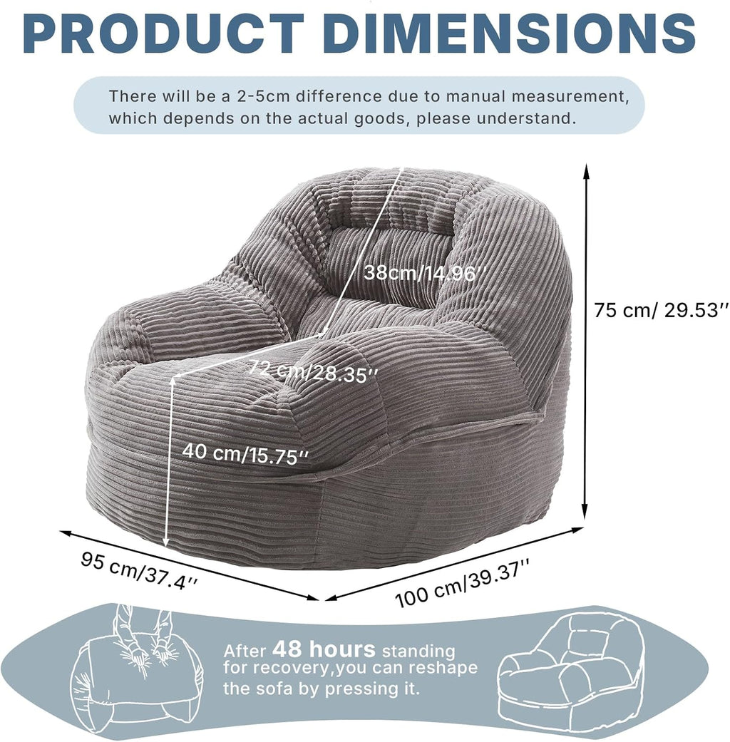 EBENCHICO Giant Bean Bag Chair for Adults and Teens, Corduroy Large Bean Bag Chairs with Armrests, Adult BeanBag Sofa Couch Chairs with Filler, Comfy Reading Chair Floor Sofa for Gaming, Napping