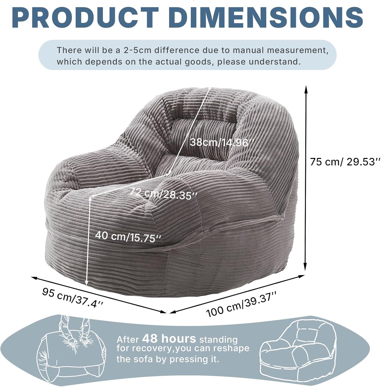 EBENCHICO Giant Bean Bag Chair for Adults and Teens, Corduroy Large Bean Bag Chairs with Armrests, Adult BeanBag Sofa Couch Chairs with Filler, Comfy Reading Chair Floor Sofa for Gaming, Napping