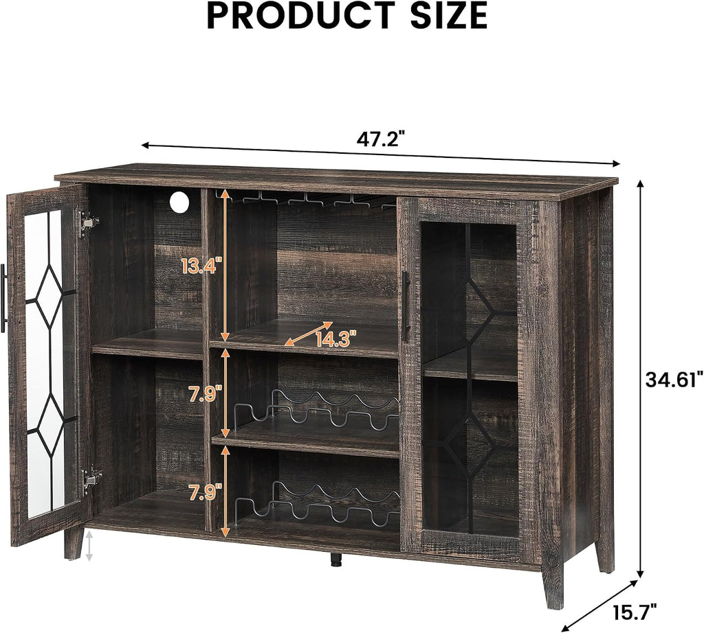 GarveeHome Wine Bar Cabinet with LED Light, Home Coffee Cabinet with Wine and Glass Rack, Kitchen Buffet Sideboard with Storage, Liquor Cabinet for Bar, Dining Room, Kitchen, Oak
