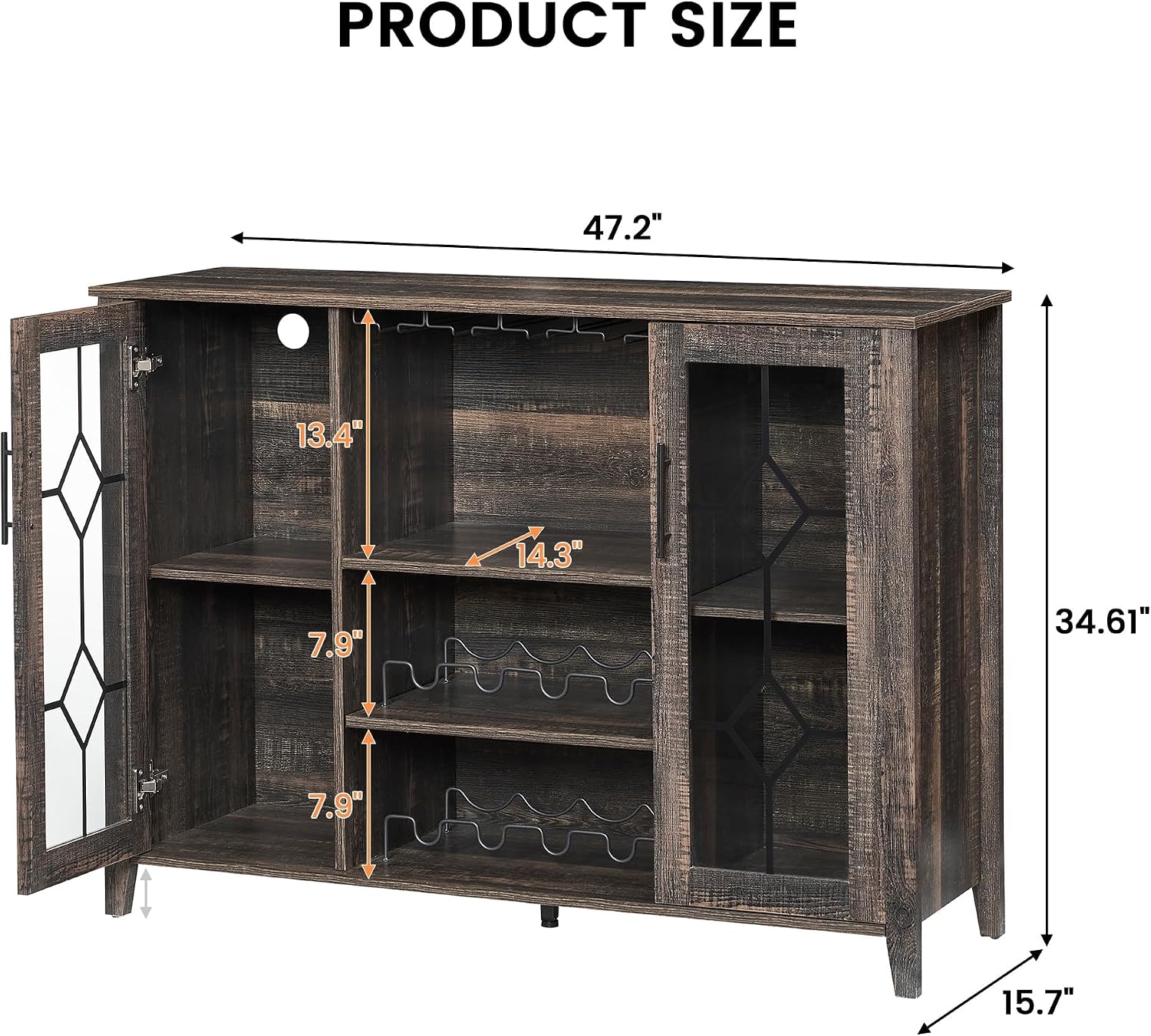 GarveeHome Wine Bar Cabinet with LED Light, Home Coffee Cabinet with Wine and Glass Rack, Kitchen Buffet Sideboard with Storage, Liquor Cabinet for Bar, Dining Room, Kitchen, Oak