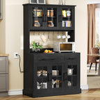 DWVO Kitchen Pantry Storage Cabinet with Microwave Stand, 71'' Tall Kitchen Hutch Cabinets with Power Outlet, Modern Food Pantry Hutch with Drawers ＆ Shelves for Home, Pack of 1, Black