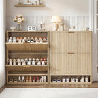IRONCK Fluted Shoe Storage Cabinet for Entryway with 2 Flip Drawers, Adjustable Shelves & Open Shelf, Narrow Wood Shoe Rack Cabinet, Freestanding Slim Shoe Organizer Cabinet, Oak