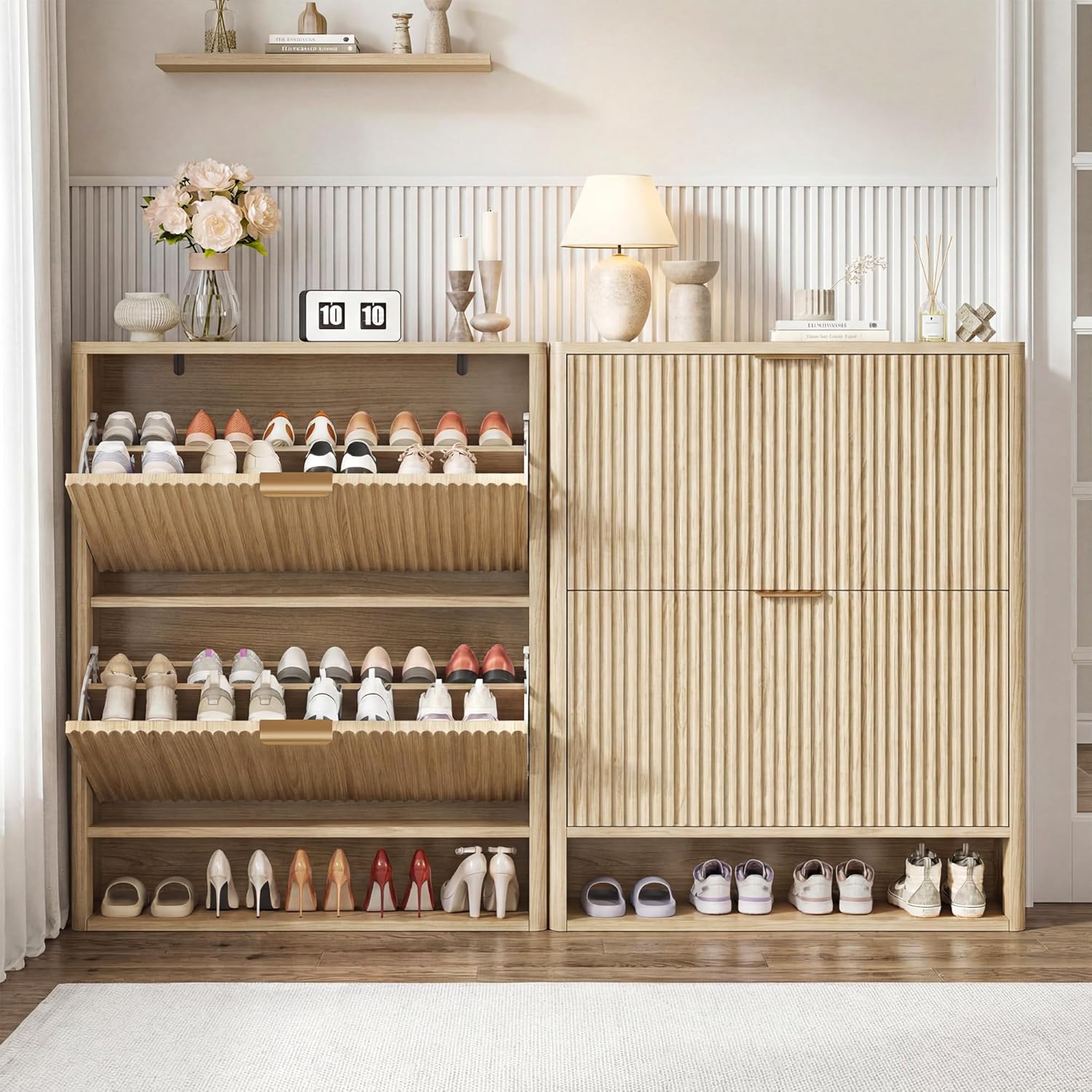 IRONCK Fluted Shoe Storage Cabinet for Entryway with 2 Flip Drawers, Adjustable Shelves & Open Shelf, Narrow Wood Shoe Rack Cabinet, Freestanding Slim Shoe Organizer Cabinet, Oak