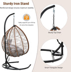 Mirightone Hanging Egg Chair with Stand, Foldable Wicker Egg Swing Chair for Patio Porch Balcony Bedroom, HDPE Rattan Hanging Chair with Plush Cushion, Removable Headrest & Adjustable Feet,Brown+Grey