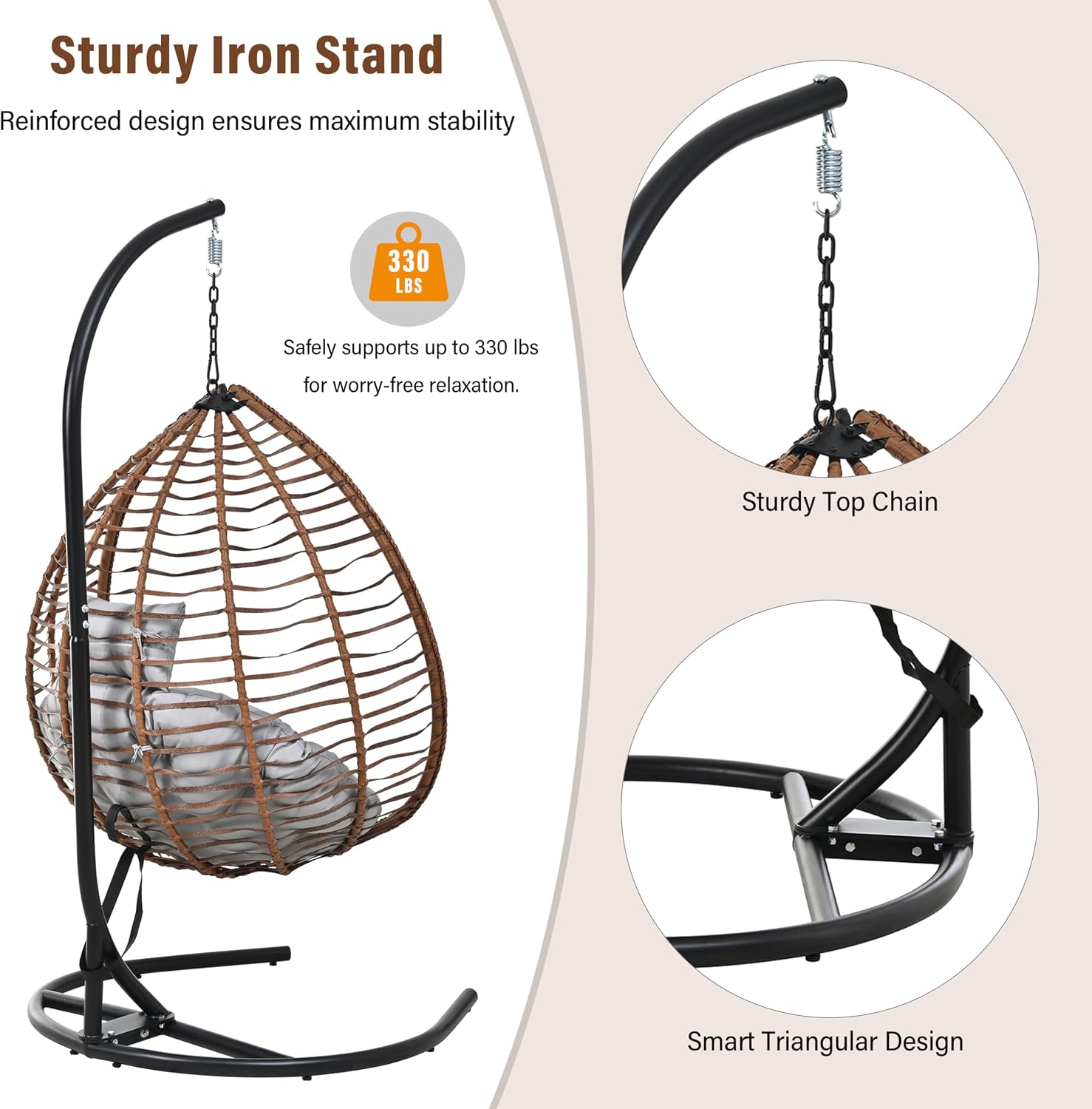 Mirightone Hanging Egg Chair with Stand, Foldable Wicker Egg Swing Chair for Patio Porch Balcony Bedroom, HDPE Rattan Hanging Chair with Plush Cushion, Removable Headrest & Adjustable Feet,Brown+Grey