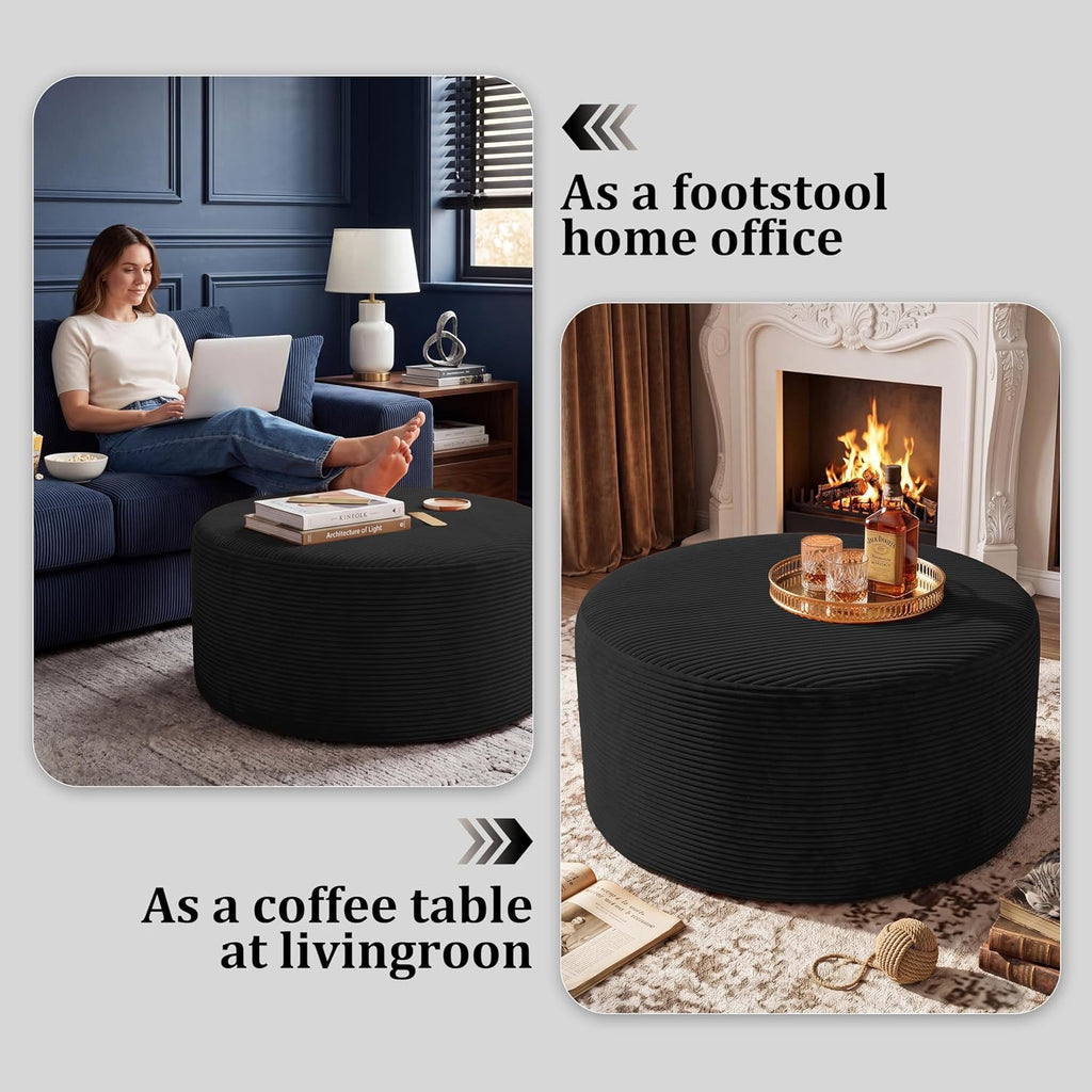 BSHOMGI Round Coffee Table Ottoman for Corduroy Cloud Sectional Couches in a Box Memory Foam Compressed Pouf Footstool Rest for Living Room, Bedroom, Makeup Room No Assembly Require(Black, 27.6")