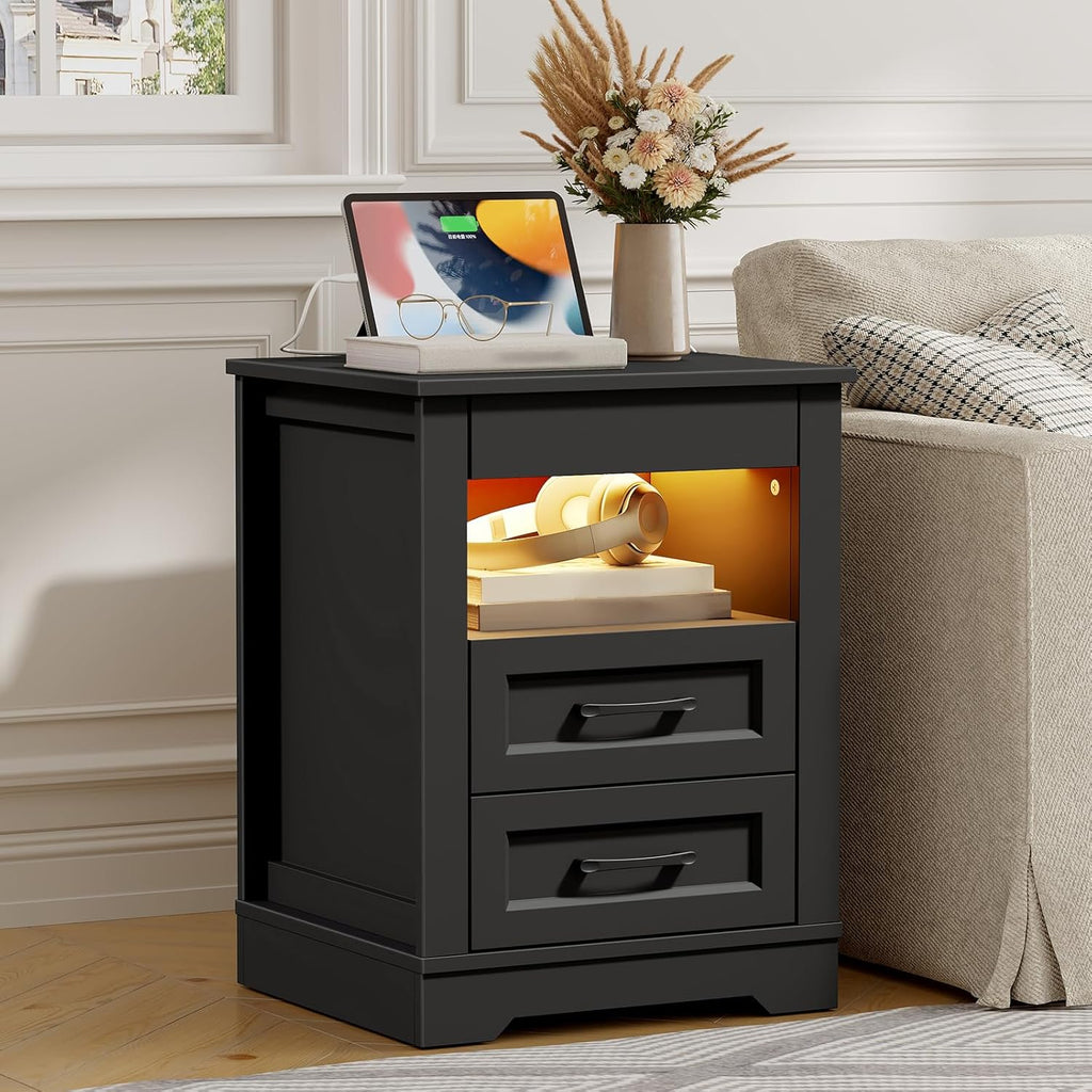 RALGEND Farmhouse Nightstand with Gun Drawer, Bedside Table with Charging Station and LED Light, Night Stand with 3 Drawers, End Table for Bedroom, Living Room, Black