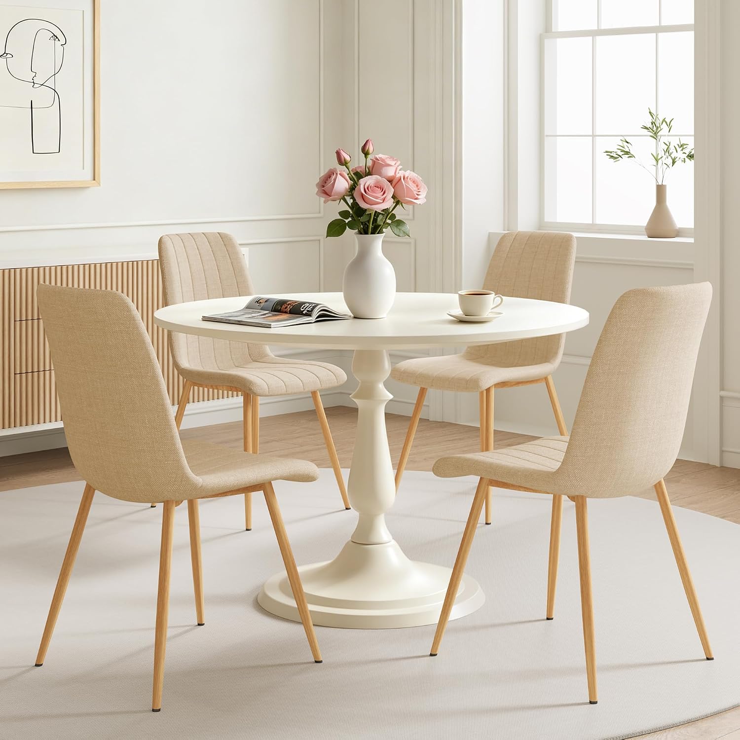 High Back Upholstered Dining Chairs Set of 4, Beige | Breathable Linen Fabric, Sturdy Metal Frame, Modern Dining Chairs for Kitchen Dining Room & Cafe, 300lbs Capacity, Save-space