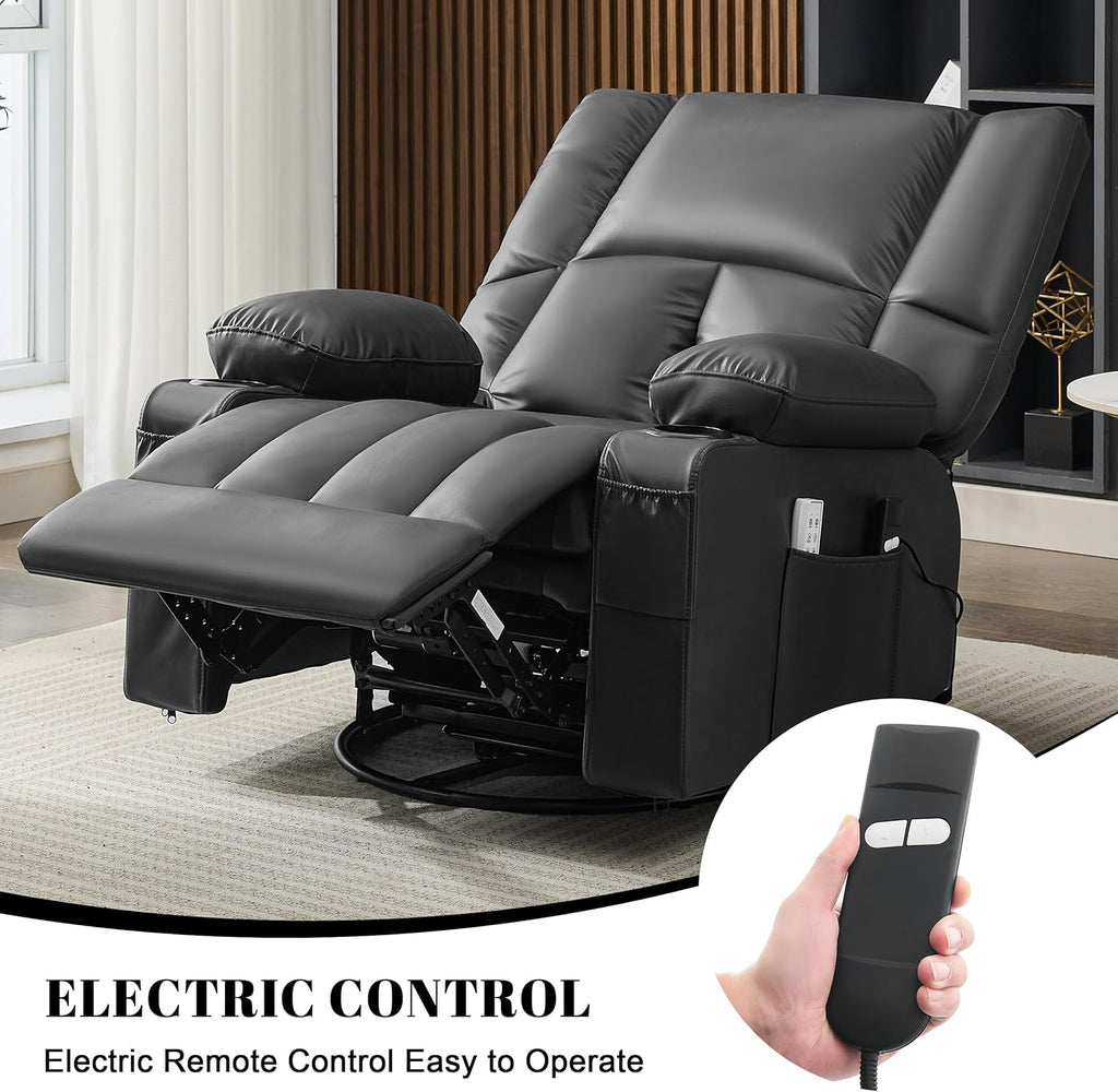 Oversized Recliner Chairs for Adults, 270° Swivel Rocker Recliner with Heat and Massage Lazy Boy Recliner, Recliner Chairs Single Sofa Seat with Cup Holders (Black, Electric)