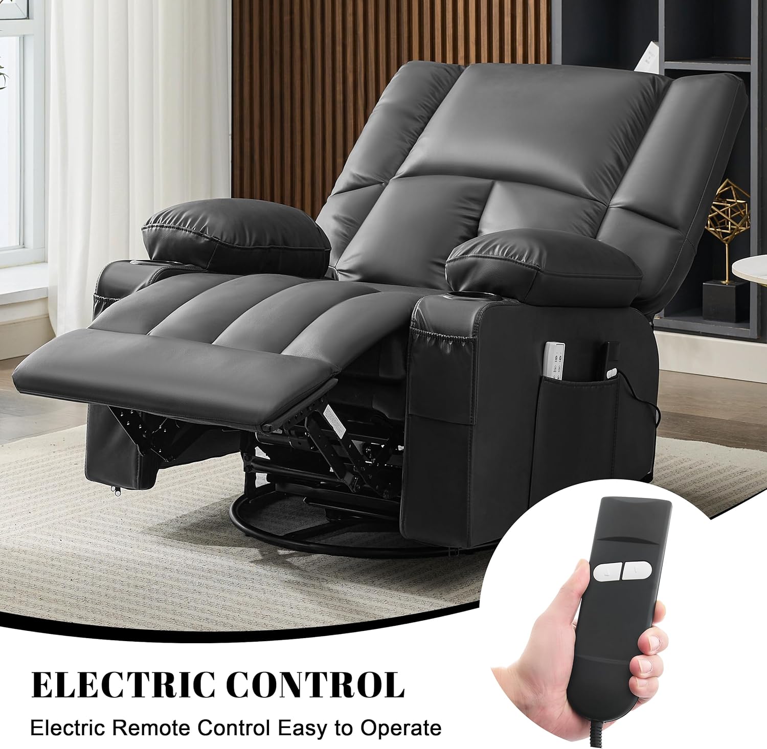 Oversized Recliner Chairs for Adults, 270° Swivel Rocker Recliner with Heat and Massage Lazy Boy Recliner, Recliner Chairs Single Sofa Seat with Cup Holders (Black, Electric)