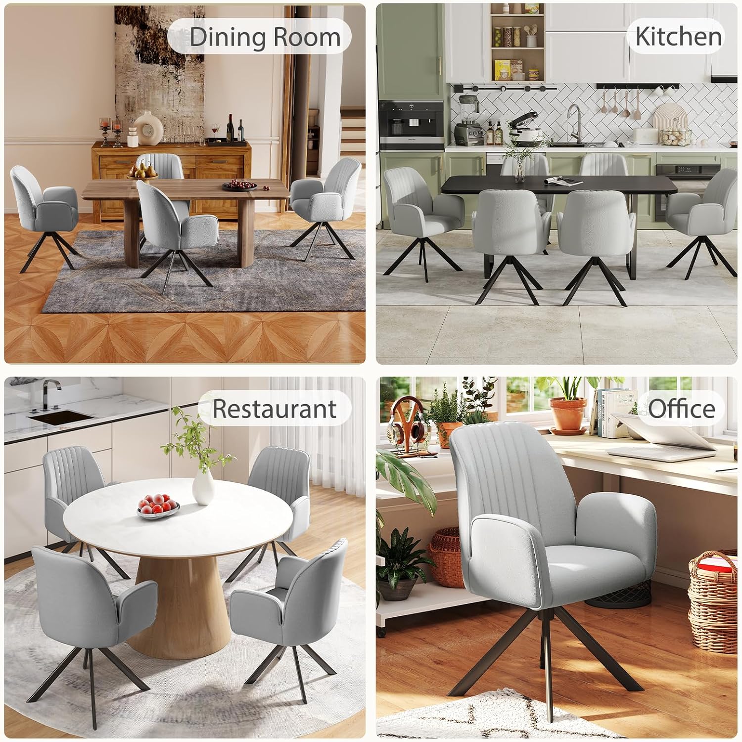 Furniliving 360° Swivel Dining Chairs Set of 2, Modern Upholstered Dining Room Chairs with Thicken Cushion, Style Chair with Arms Swivel Kitchen Chairs for Living Room, Restaurant, Chenille, LightGrey