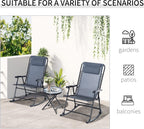 Outsunny 3 Piece Outdoor Rocking Bistro Set, Patio Folding Chair Table Set with Glass Coffee Table for Yard, Patio, Deck, Backyard, Grey