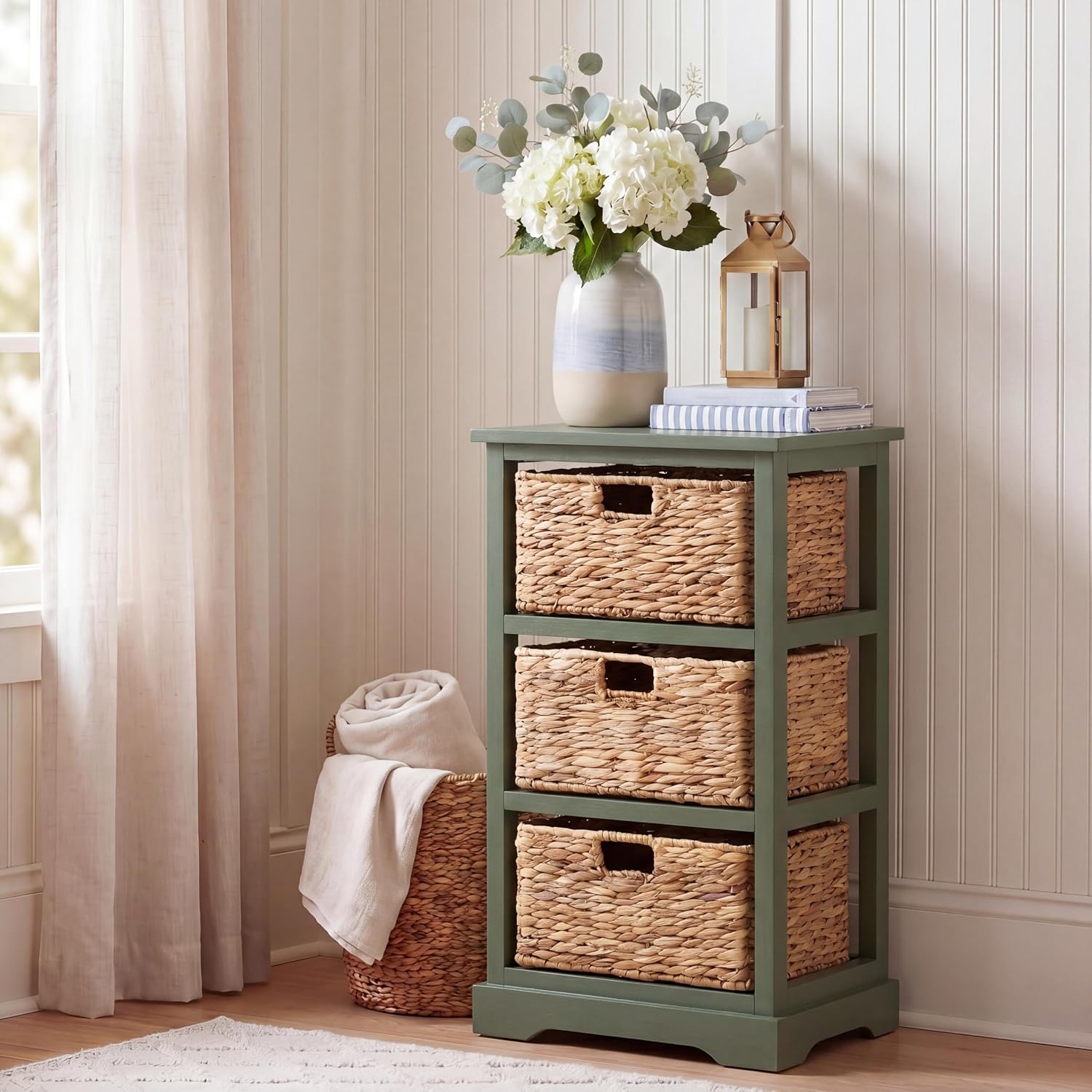 SAFAVIEH Furniture - Halle 3-Basket Side Table - Dusty Green - Solid Wood - Coastal Basket Storage Design - Ideal for Living Room, Entryway, 17.5" W x 13.5" D x 29.5" H - Fully Assembled (AMH5738J)