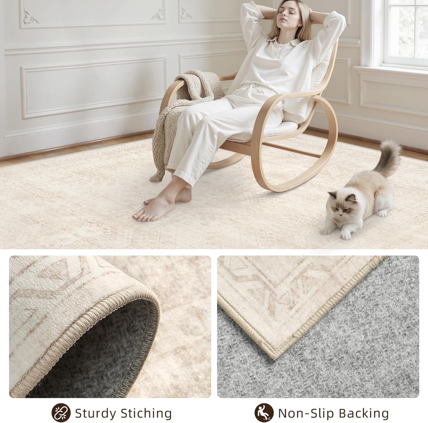 8x10 Area Rugs for Living Room: Vintage Boho Neutral Washable Rug Indoor Soft Large Area Rug Carpet for Bedroom Nursery Farmhouse Dining Room Office Floor Non-Slip Low Pile Under Table Rug Beige