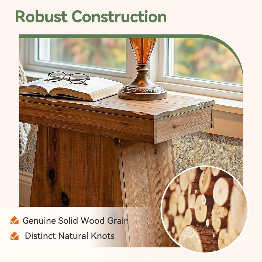 Solid End Table, 23.6" Wood Side Table with Trapezoid Base for Small Space, Living Room, Easy Assembly, Warm Walnut Brown