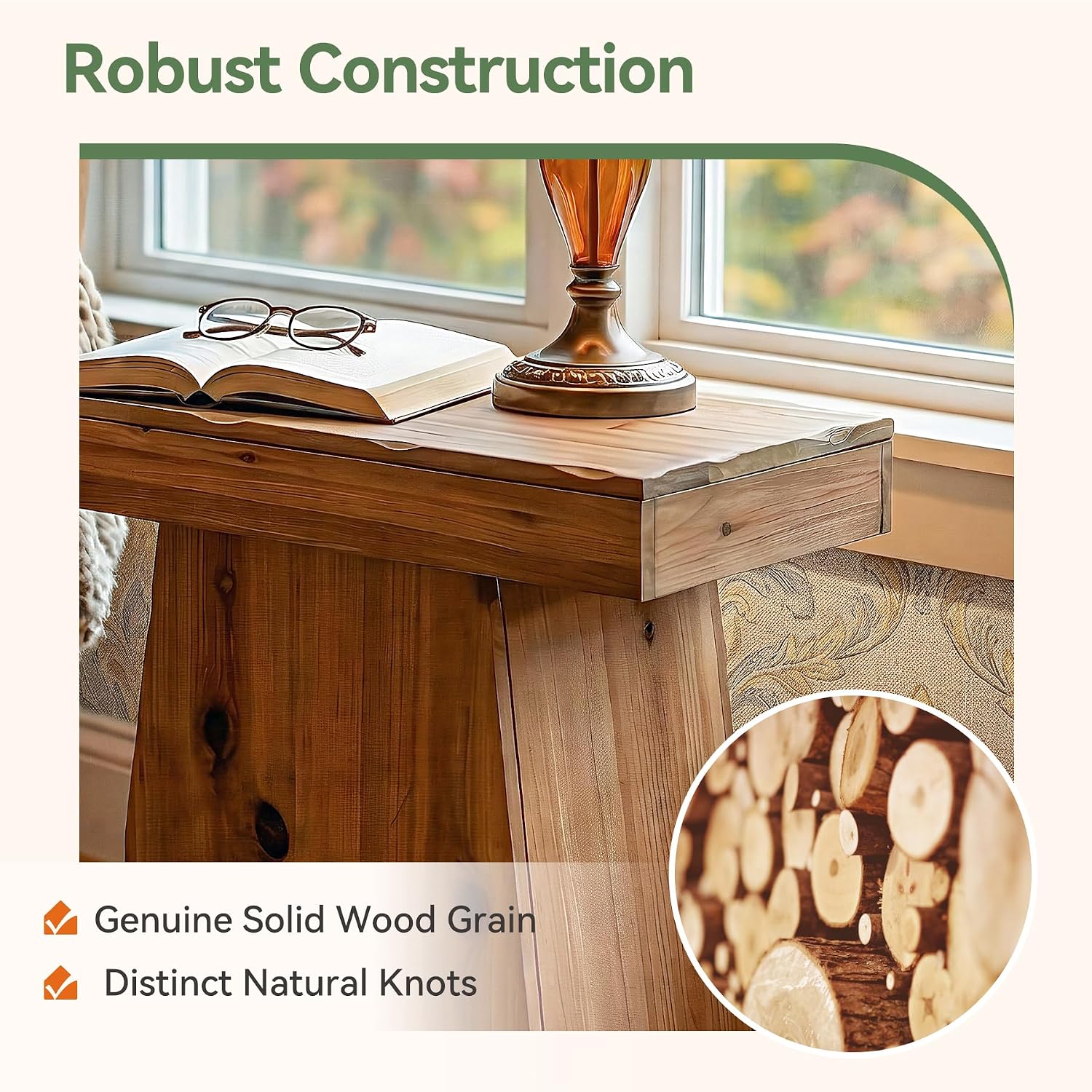 Solid End Table, 23.6" Wood Side Table with Trapezoid Base for Small Space, Living Room, Easy Assembly, Warm Walnut Brown
