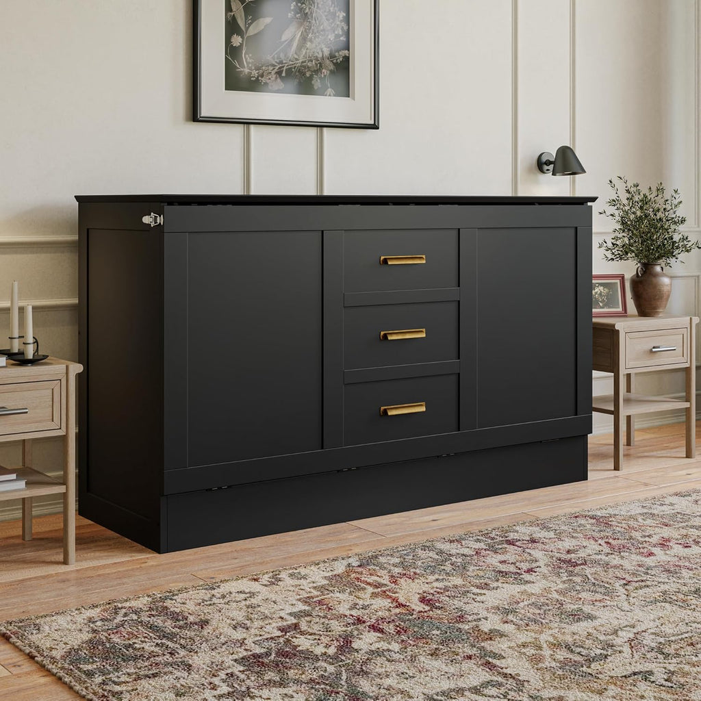 AFI, Charleston Queen Wood Murphy Bed Chest with 6" Mattress, Black