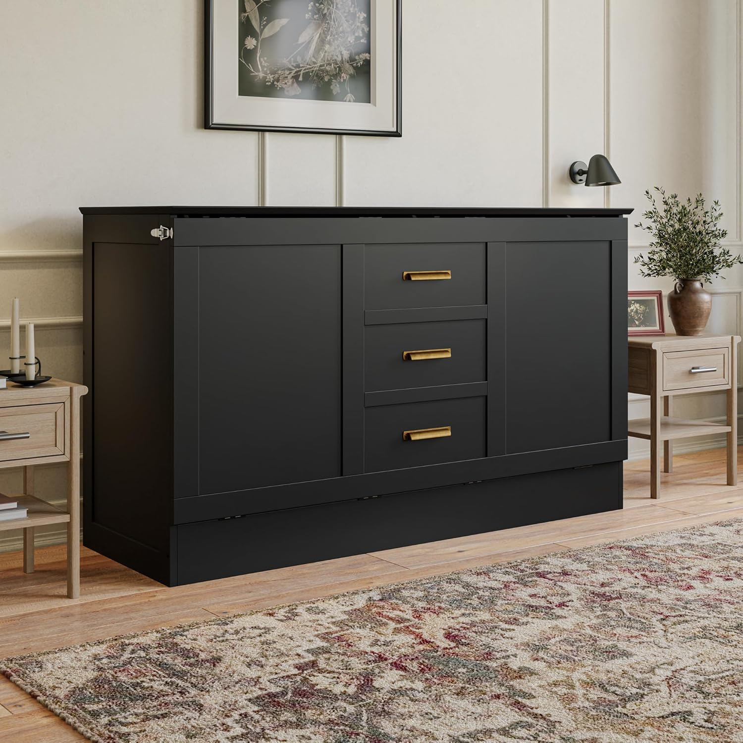 AFI, Charleston Queen Wood Murphy Bed Chest with 6" Mattress, Black