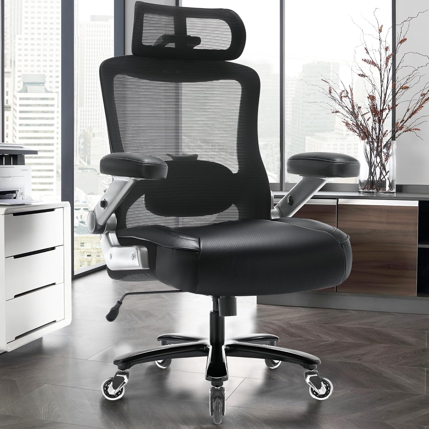 600lbs Big and Tall Office Chair- Heavy Duty Executive Computer Chair with 3D Flip Arms Large Wheels, Ergonomic Mesh High Back Desk Chair, Extra Wide Seat Adjustable Lumbar Support&Headrest