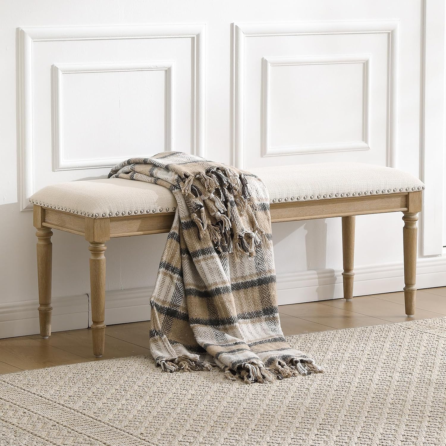 46'' French Country Entryway Bench Wooden Linen Fabric Upholstered Seat Dinng Bench with Nailhead Trim for Hallway End of Bed, Beige
