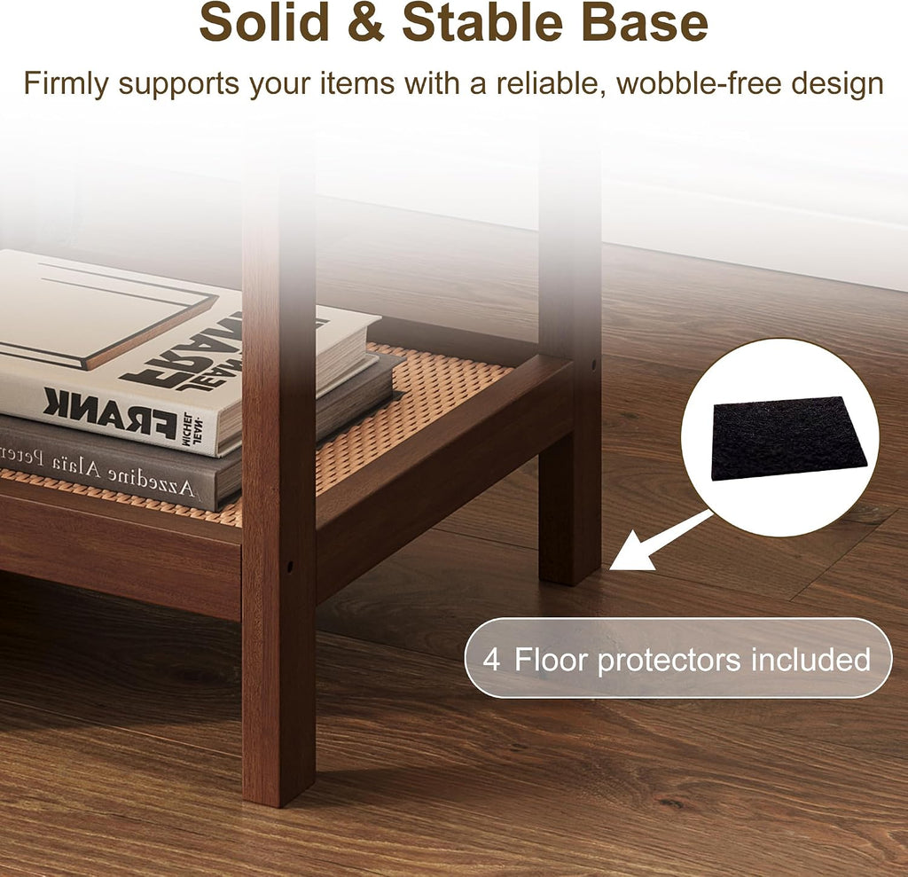 wanan Solid Wood End Tables Set of 2, Boho Rattan Nightstand with Glass Top & 2-Tier Storage Shelves, Mid-Century Modern Accent Table for Small Spaces, 18"x18"x22"