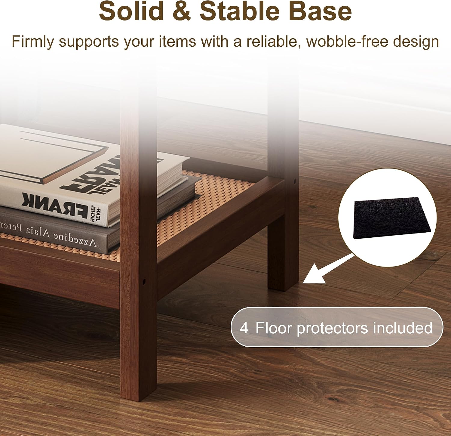 wanan Solid Wood End Tables Set of 2, Boho Rattan Nightstand with Glass Top & 2-Tier Storage Shelves, Mid-Century Modern Accent Table for Small Spaces, 18"x18"x22"